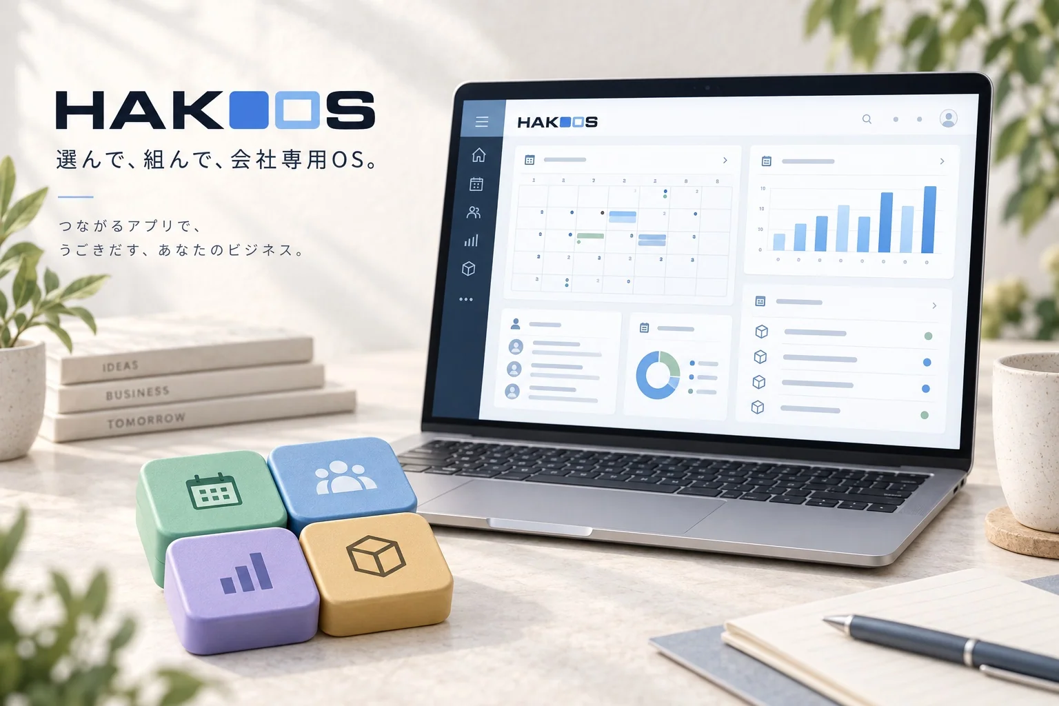業務ダッシュボードと、勤怠・顧客・売上・在庫を表す4つのモジュールの機能紹介イメージ